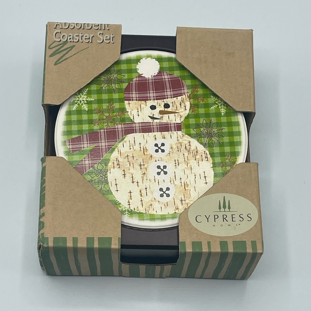 Cypress Home Festive Green Snowman Coaster Set
